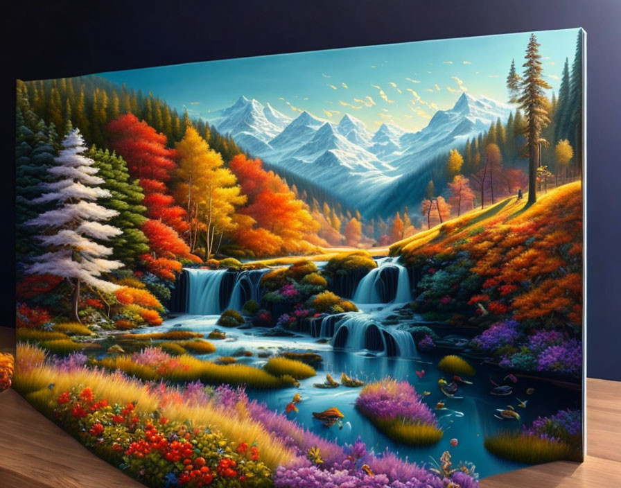 Mountainous landscape with autumn trees, waterfall, river, and colorful flora on canvas in room
