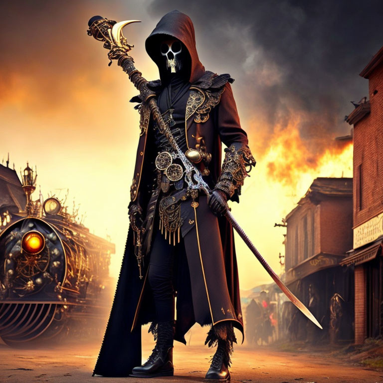 Dark fantasy character in skull mask with scythe by vintage steam train