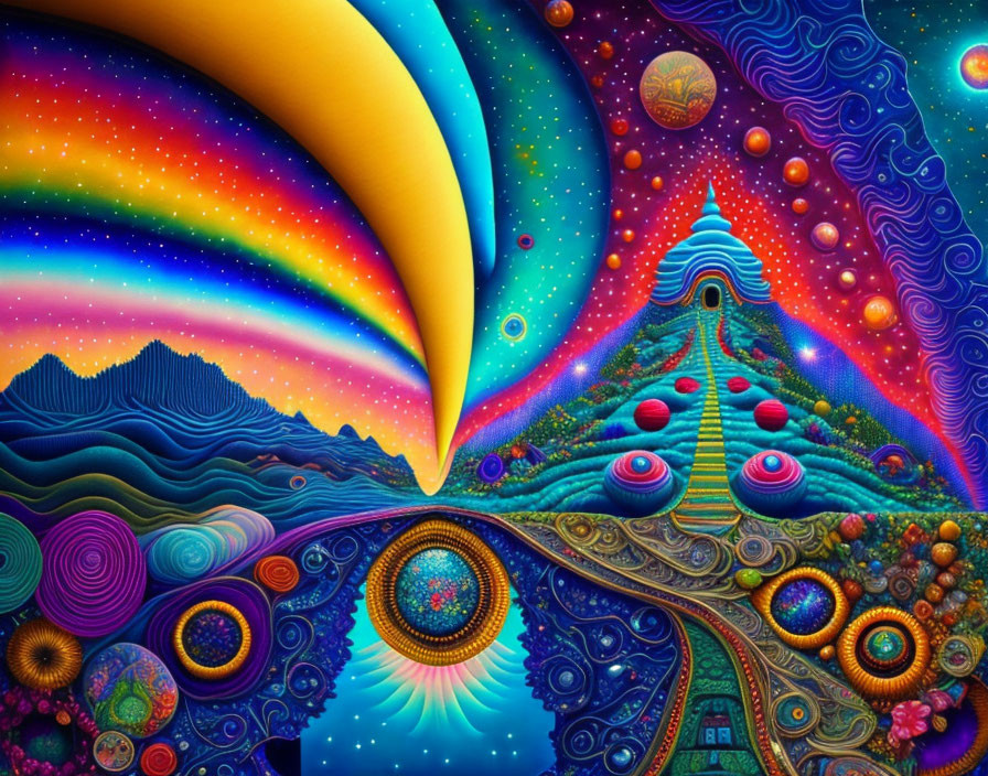 Colorful Psychedelic Landscape with Swirling Patterns and Spiral Mountain