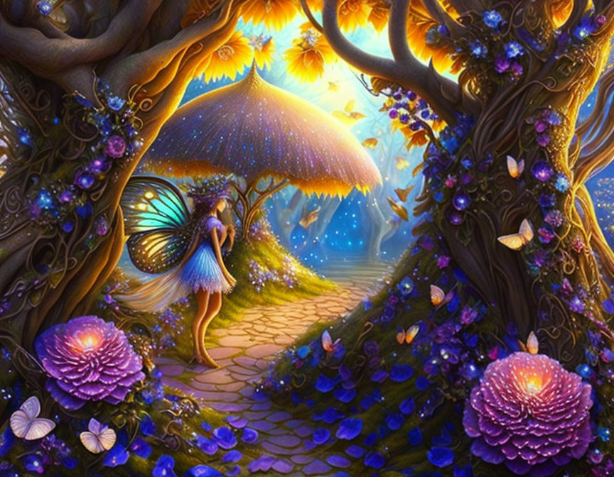Fantasy forest scene with winged fairy, giant mushrooms, flowers, butterflies