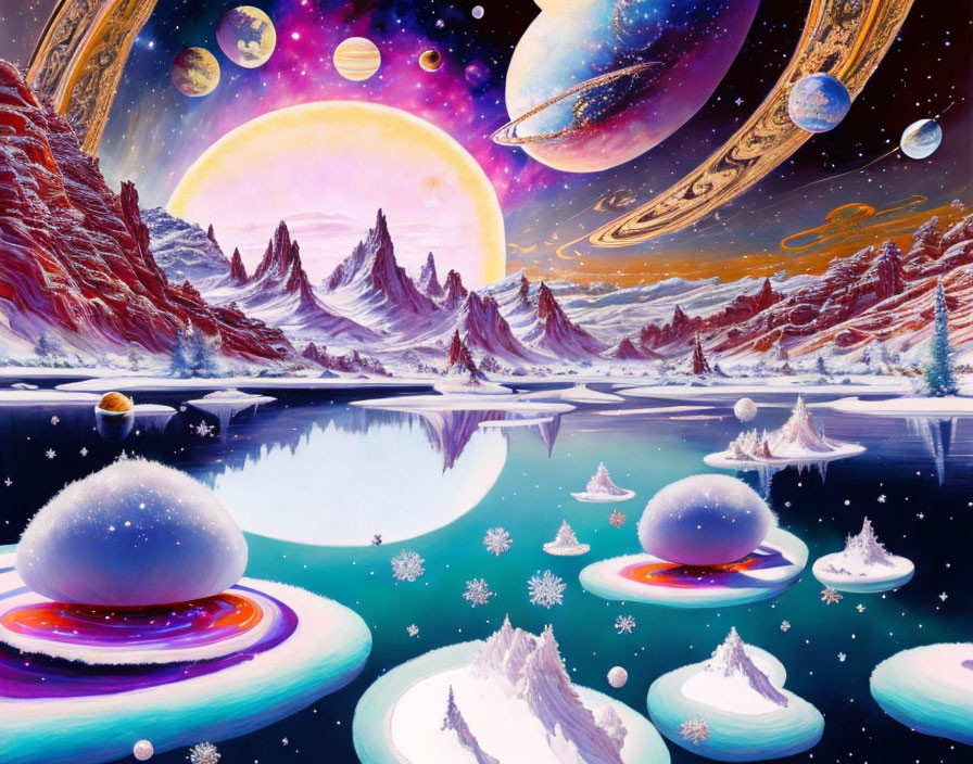 Snow-covered mountains, calm lake, vibrant discs, floating spheres, planets, stars