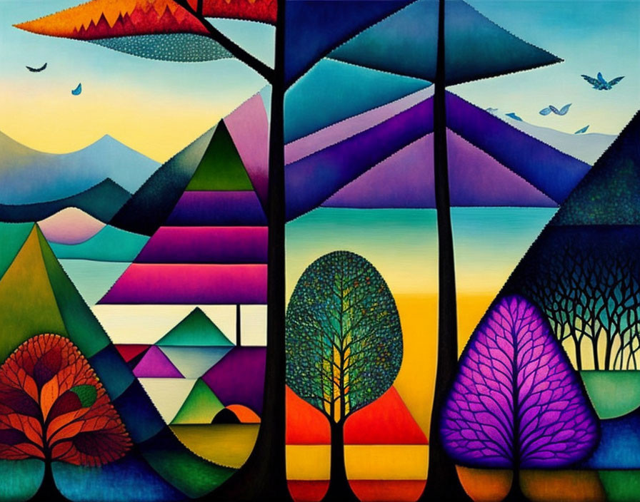Colorful Abstract Landscape Painting with Stylized Trees and Sunset Sky