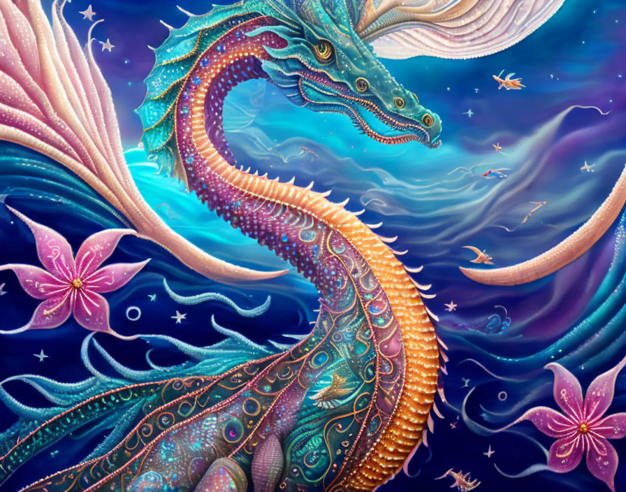 Majestic dragon swimming in ethereal underwater scene