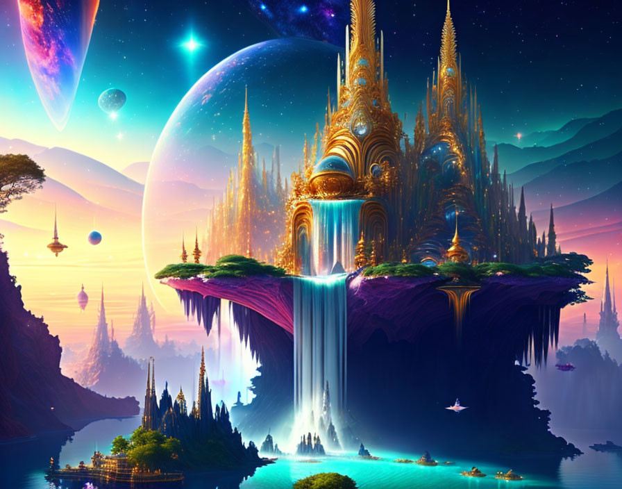 Fantasy landscape with golden castle on floating island & celestial bodies