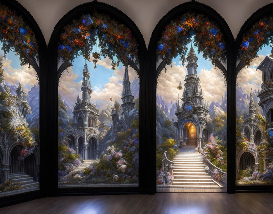 Fantastical palace with spires framed by arched windows