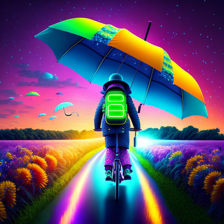 Cyclist on vibrant path with purple flowers and starry sky, holding colorful umbrella.