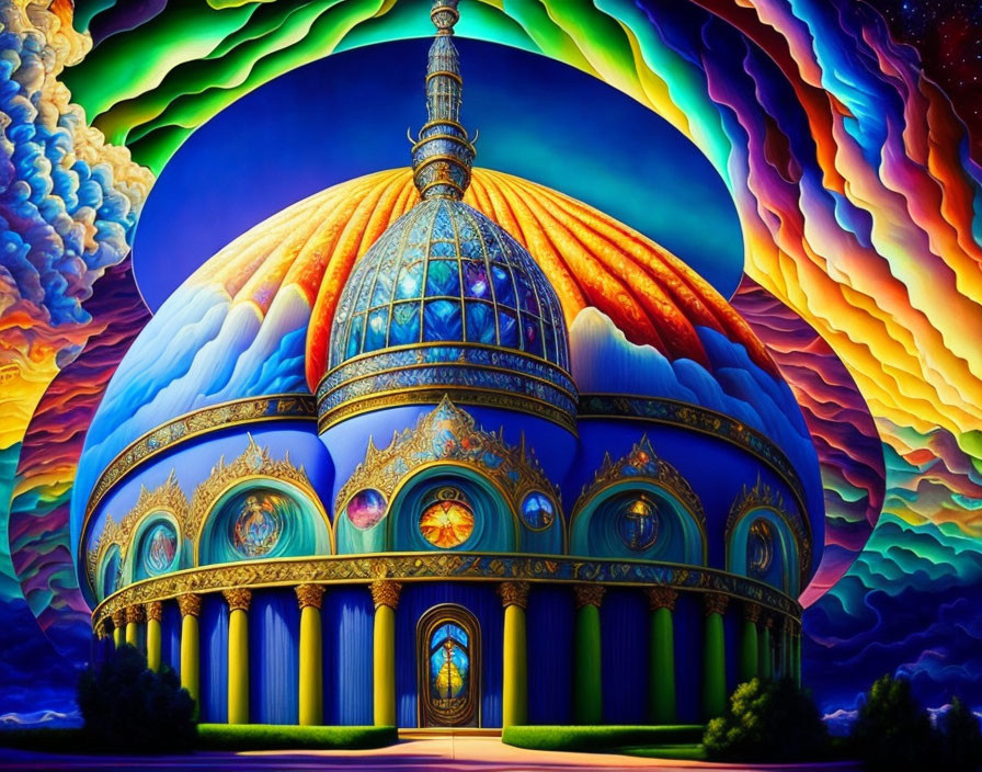 Colorful psychedelic art of ornate building against swirling sky.