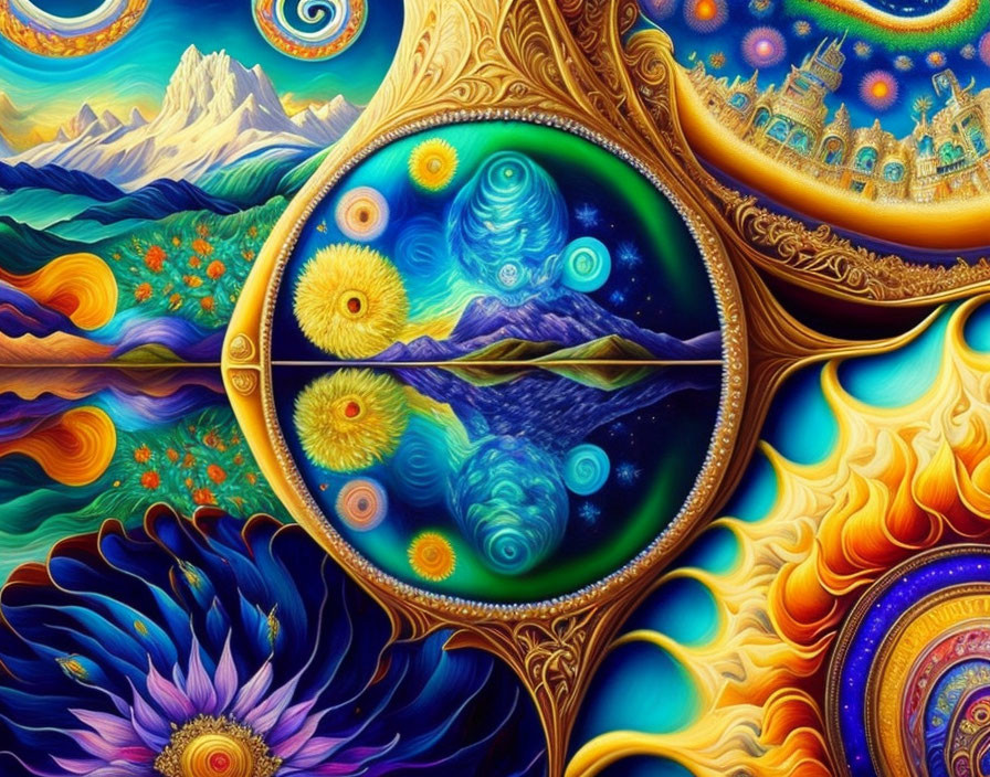 Colorful psychedelic artwork: nature and fantasy elements, swirling patterns, vivid colors, mountains, flora,