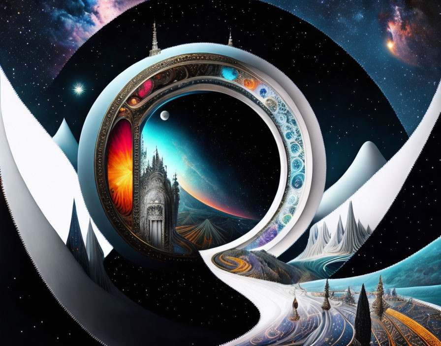 Surreal circular landscape blending day, night, and architectural elements