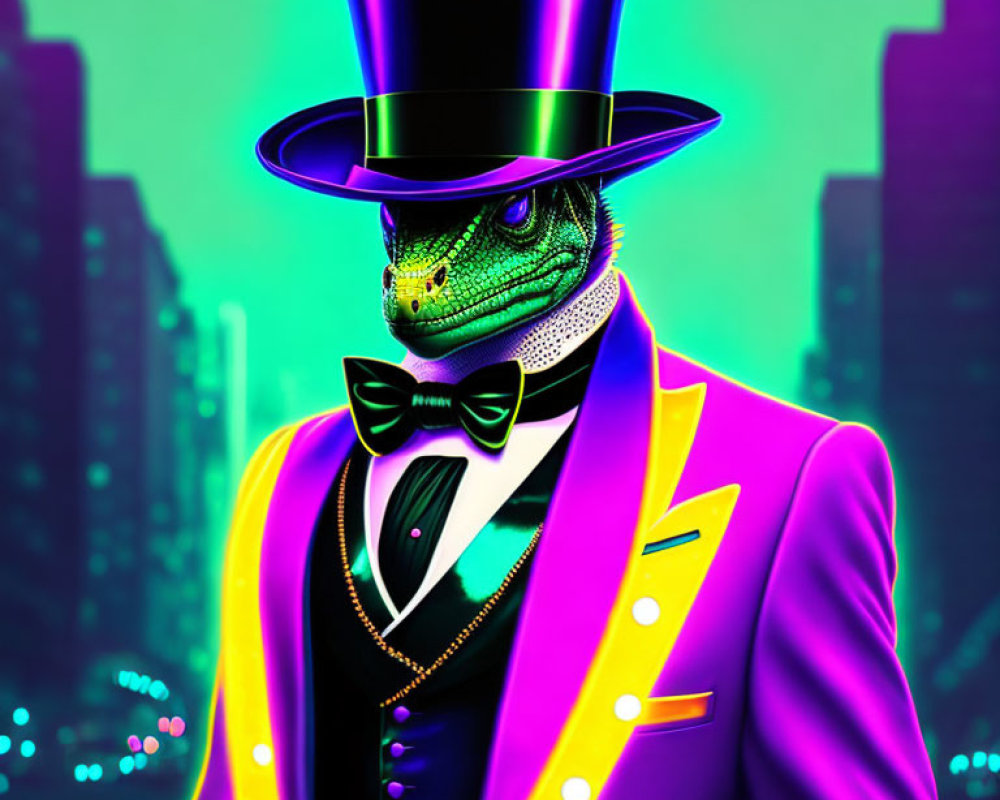 Dapper iguana in suit and top hat against neon cityscape