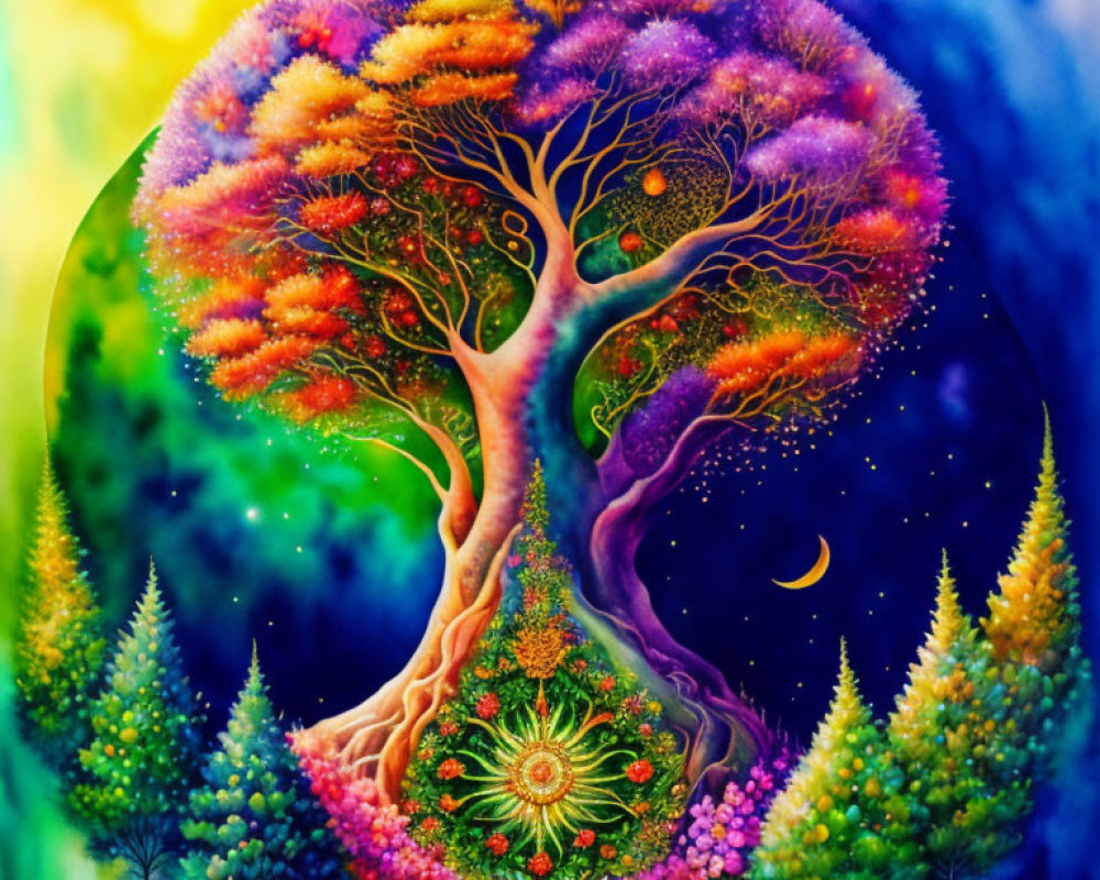Colorful circular tree artwork with cosmic background.