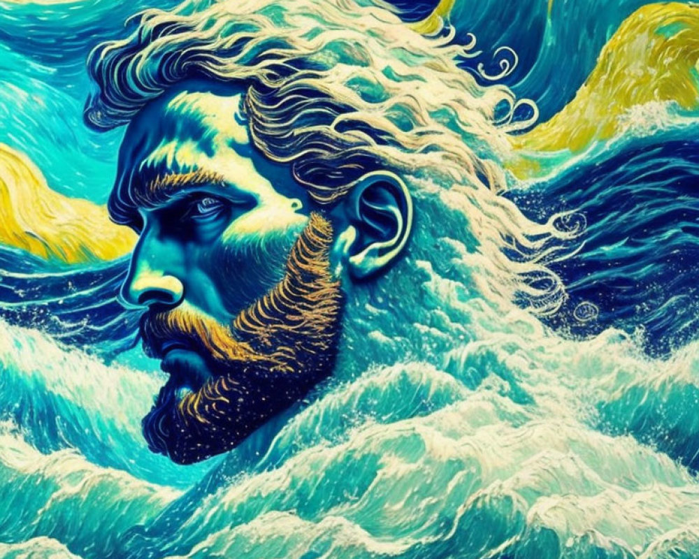 Colorful artwork: Bearded man in swirling blue and yellow waves
