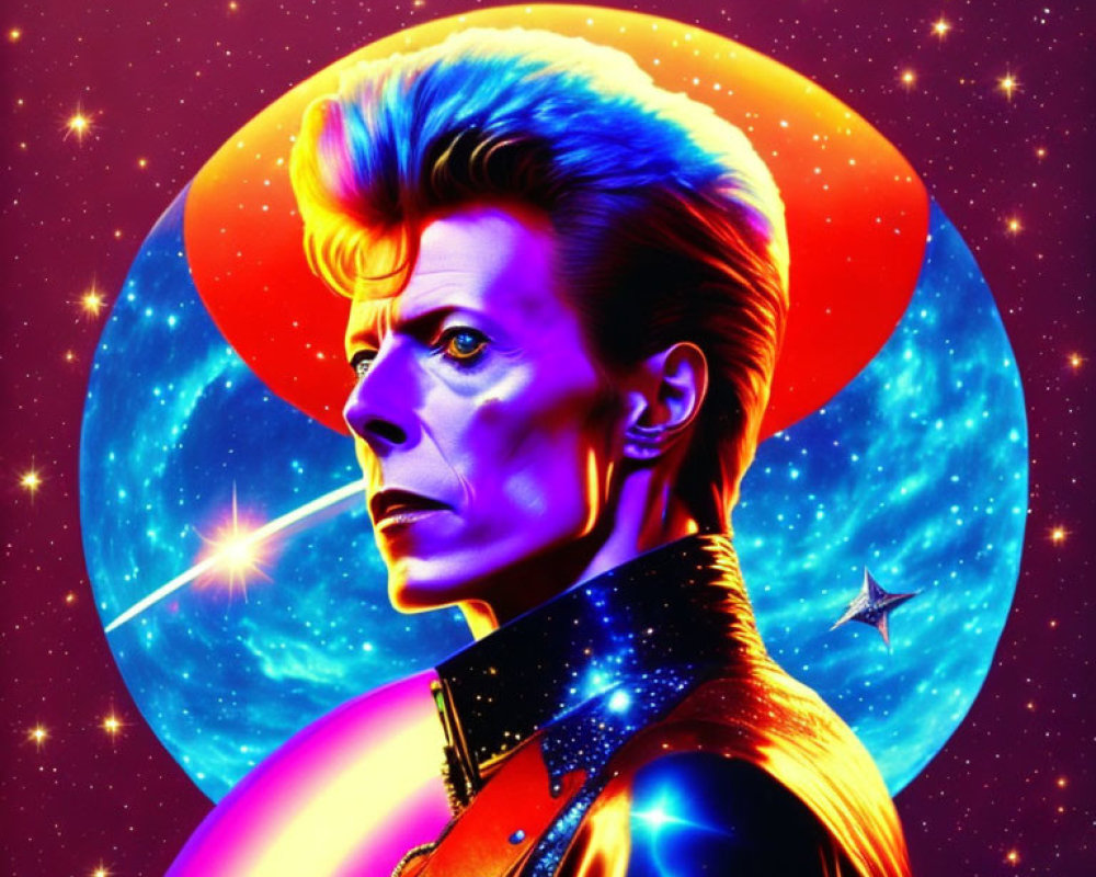 Colorful illustration: person with lightning bolt on face, cosmic background.