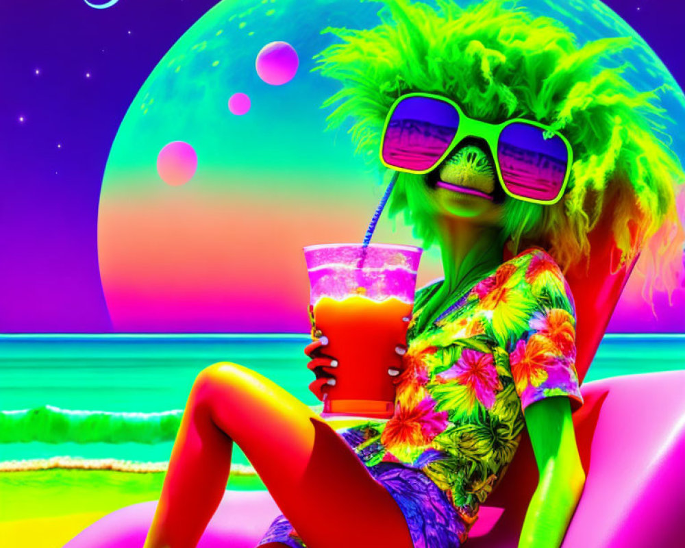 Colorful figure with green hair and sunglasses in tropical attire against neon moonlit backdrop