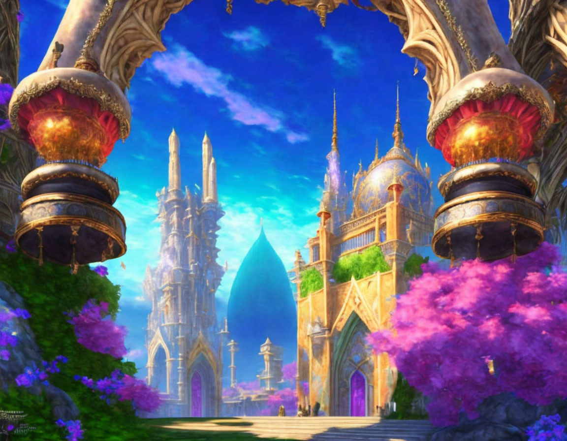 Fantasy landscape with ornate structures and colorful flora