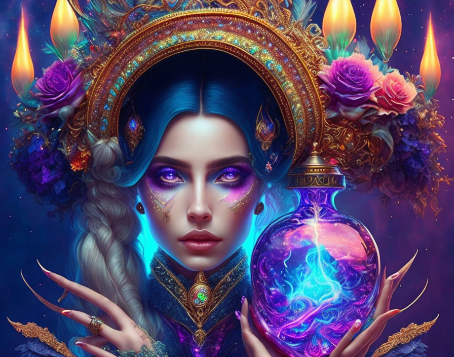 Blue-haired woman with headdress holding glowing orb and mystical jewelry