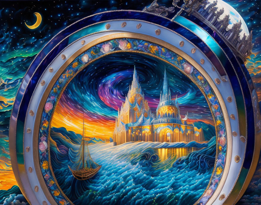 Circular surreal painting of ship, castle, and sky in ornate frame