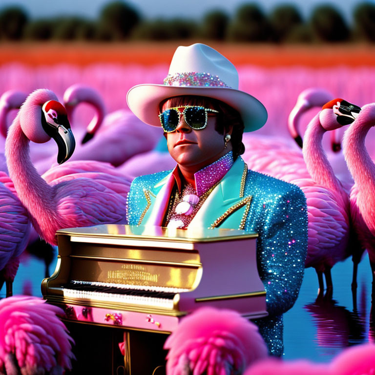 Person in Blue Outfit Plays Piano Surrounded by Flamingos in Pink Water