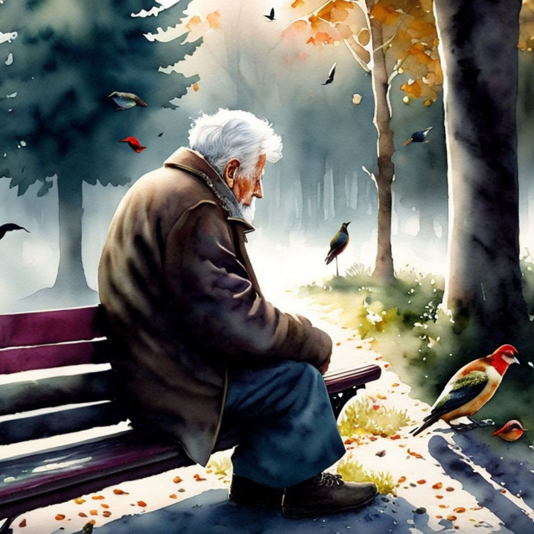 Elderly man on park bench surrounded by autumnal trees and colorful birds