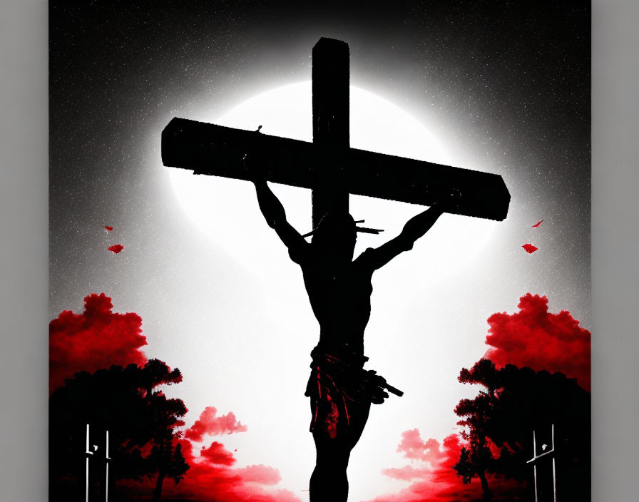 Silhouetted figure on cross with red-tinged clouds and trees under full moon