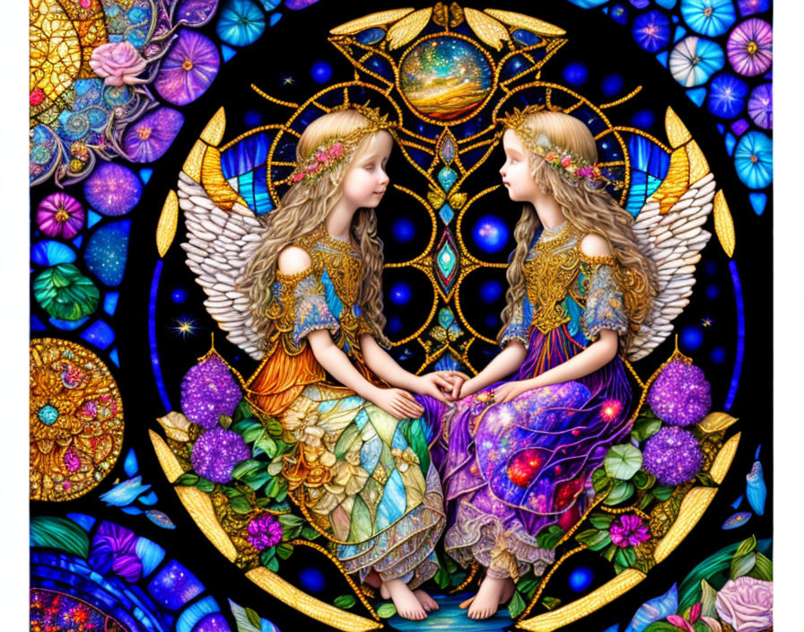 Angel figures with floral crowns in cosmic stained-glass setting