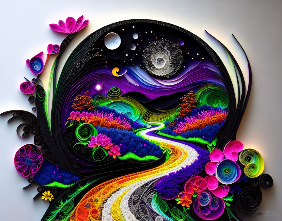 Colorful Cosmic Quilling Artwork with Floral and Celestial Themes