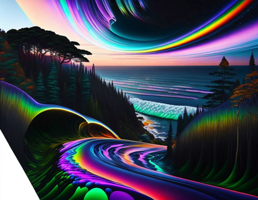 Colorful Digital Art: Forest Landscape with Psychedelic Patterns