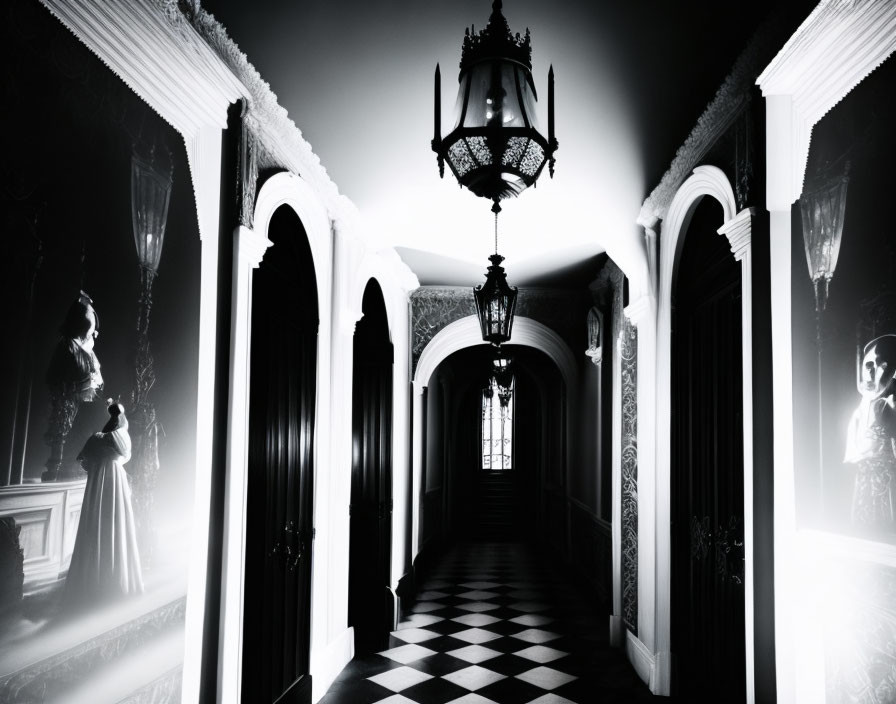 Monochromatic hallway with checkered flooring, hanging lanterns, framed portraits, and arch-top door