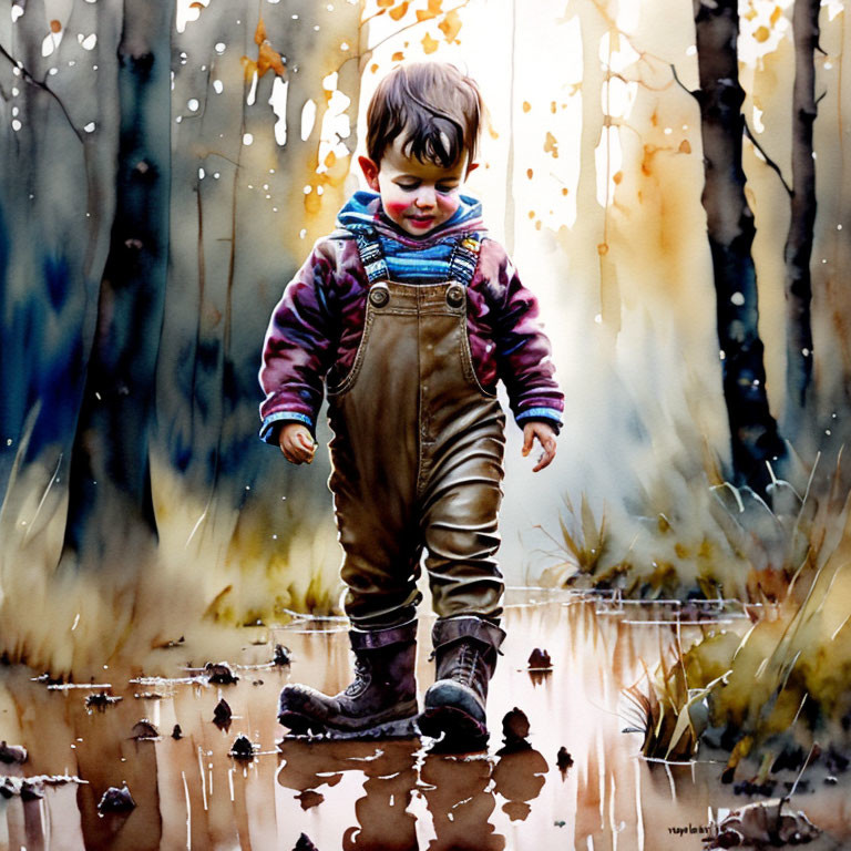 Child in overalls stands in muddy forest puddle.