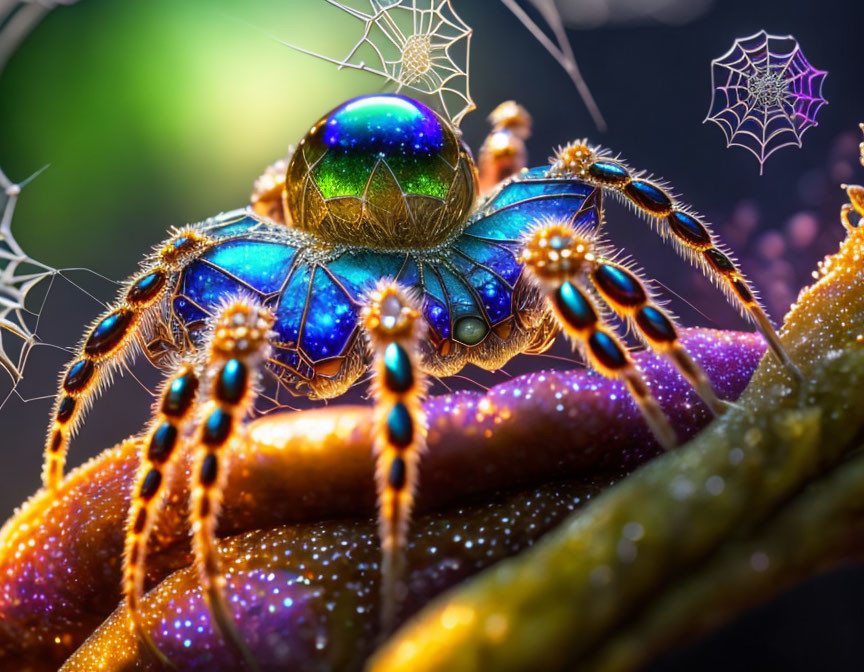 Vibrant metallic blue spider with water droplets on colorful stem