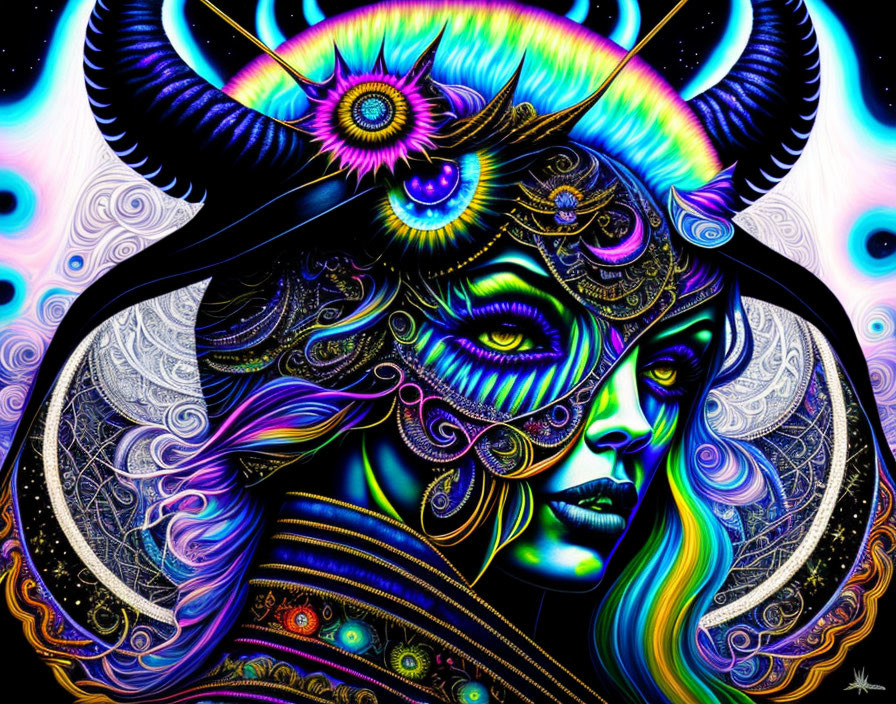 Colorful Digital Artwork of Female Figure with Horns and Cosmic Motifs