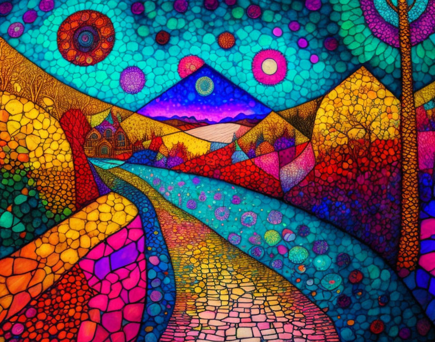 Colorful Stained Glass-Style Painting of Mosaic Landscape