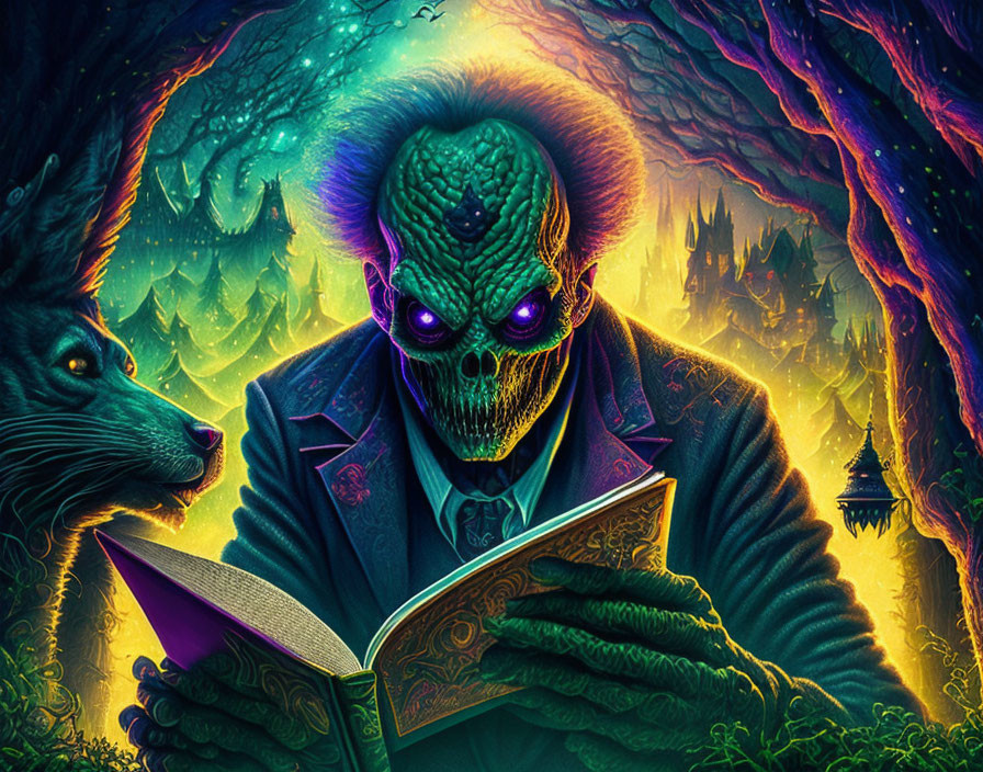 Colorful fantasy illustration: skull-faced figure reading book with wolf in mystical forest.