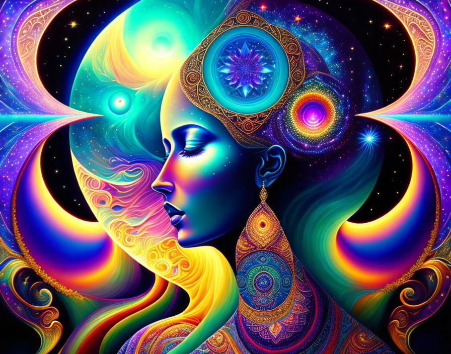 Colorful psychedelic woman's profile with cosmic and mandala motifs in blues and purples