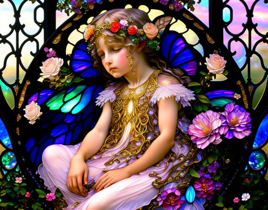 Young girl with angelic wings in golden attire among vibrant flowers