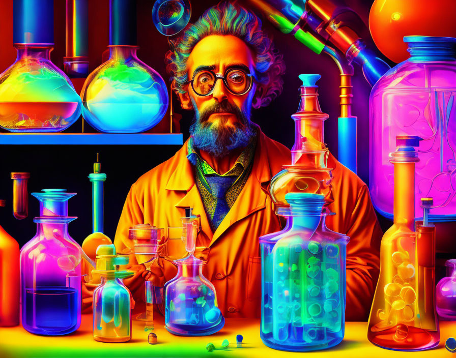 Vibrant scientist illustration with wild hair and glasses in colorful lab setting