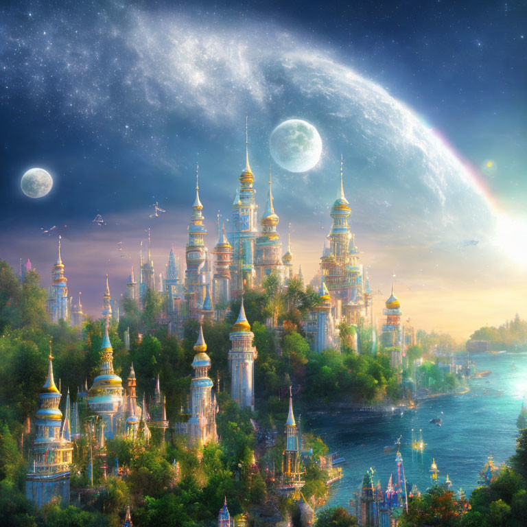 Fantastical cityscape with golden spires, celestial sky, two moons, river, greenery