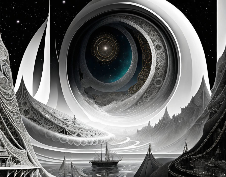 Monochrome surreal illustration of cosmic landscape with swirling patterns