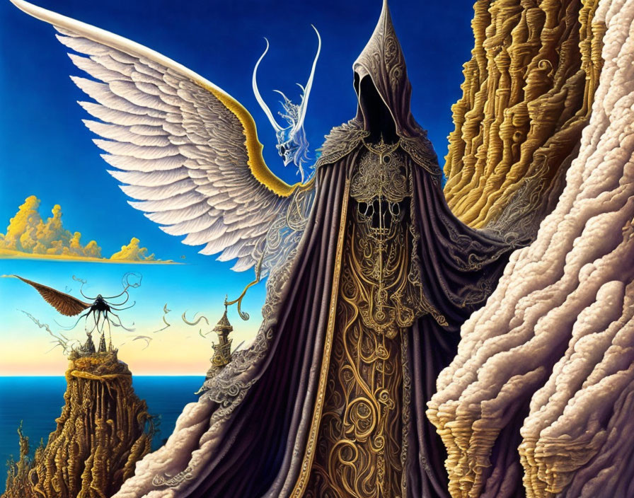 Surrealist image of angel and hooded figure in golden cliffs