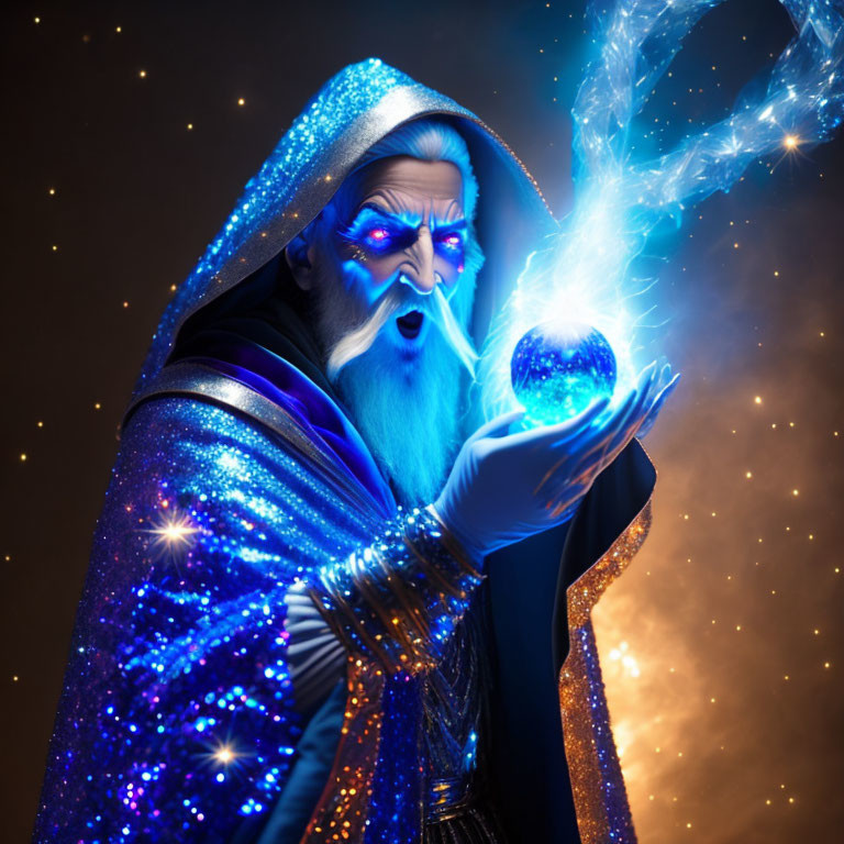 Wizard in Blue Cloak Holding Glowing Orb in Starry Scene