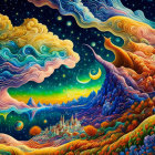 Colorful Psychedelic Landscape with Fantasy Castle and Celestial Elements