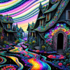 Colorful Fantasy Landscape with Whimsical Houses and Golden River