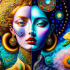 Symmetrical dual female faces with gold earrings on cosmic background
