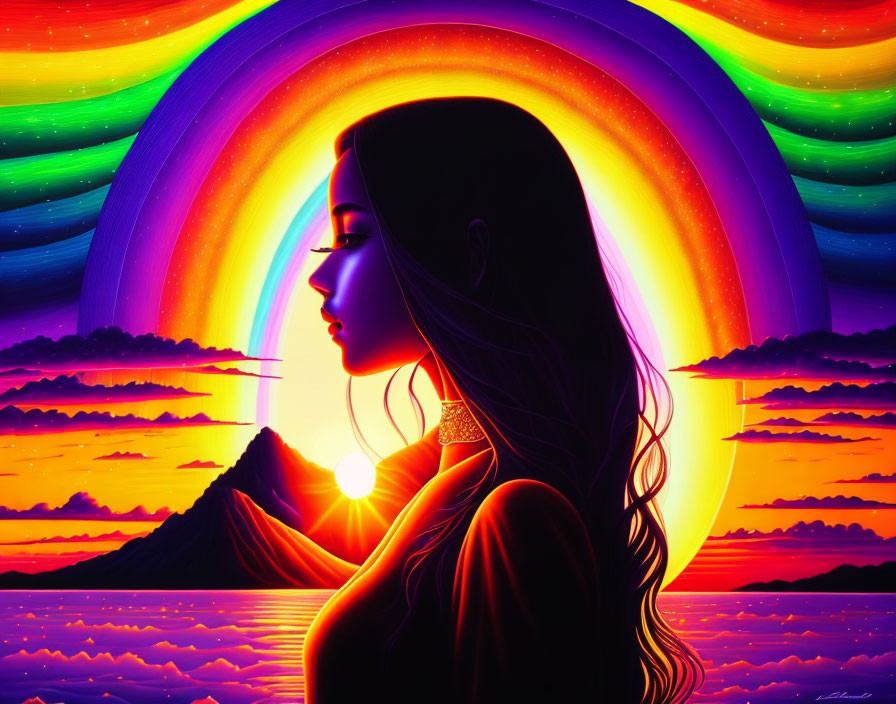 Colorful sunset silhouette woman rainbow clouds ocean waves
