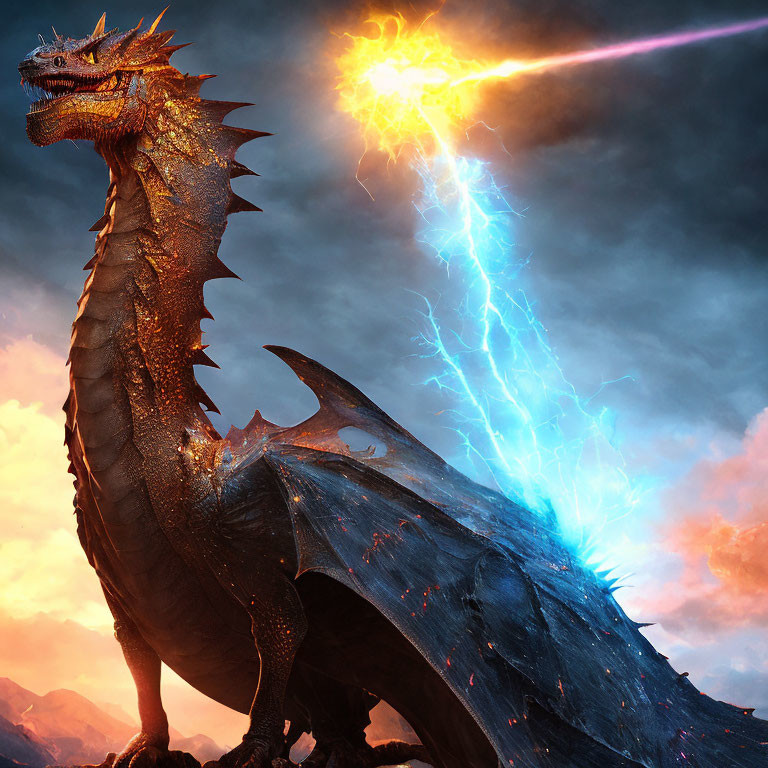 Majestic dragon holding lightning and fire under dramatic sky