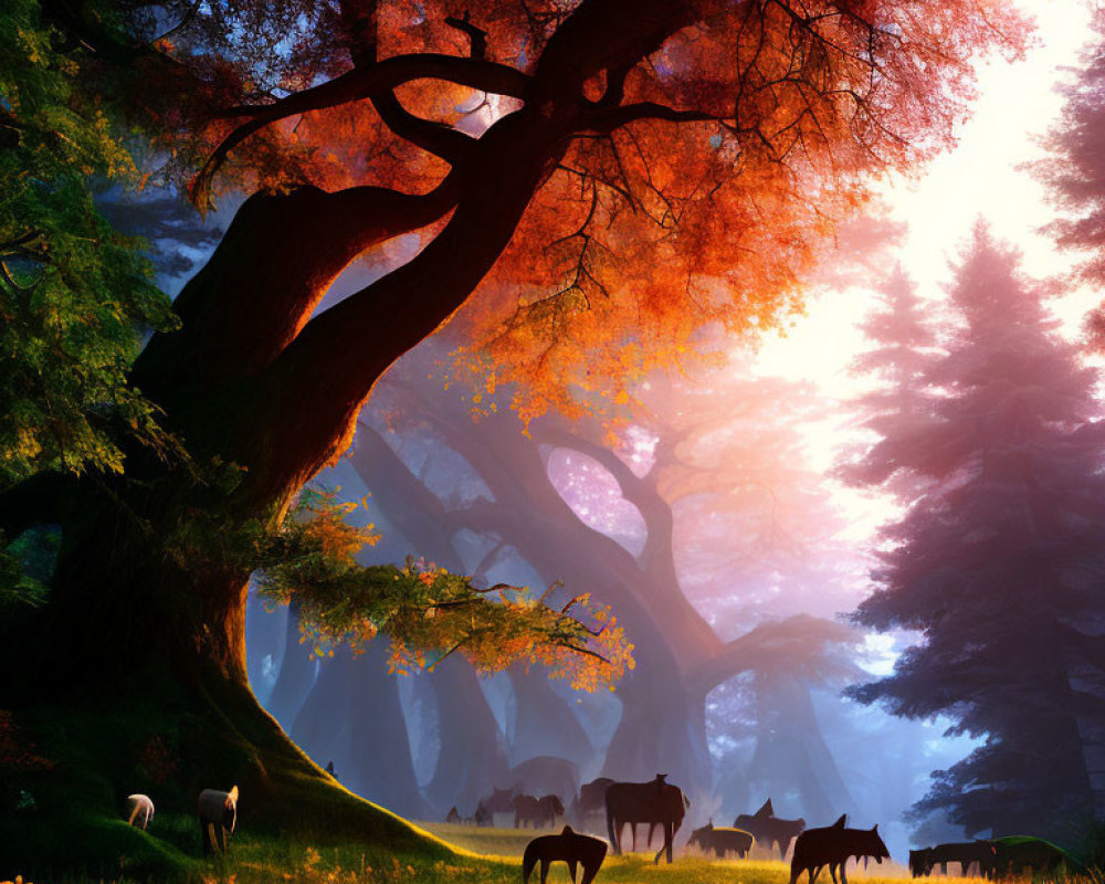 Tranquil forest scene with grazing horses at dawn or dusk