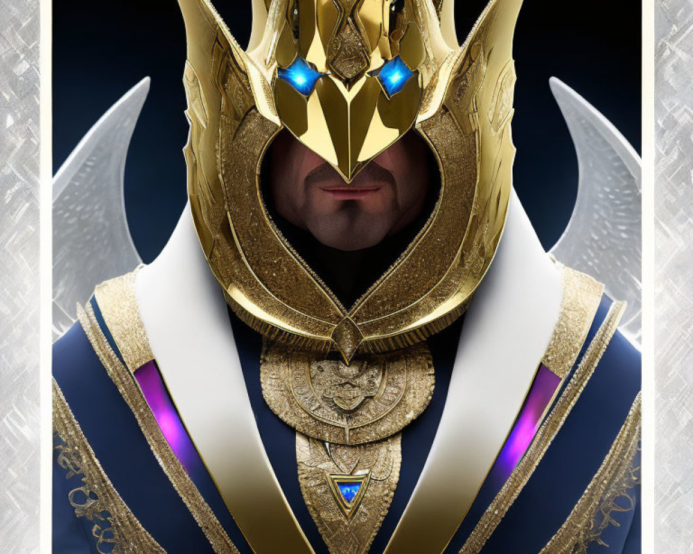 Regal costume with golden mask and blue gem accents on symmetrical background