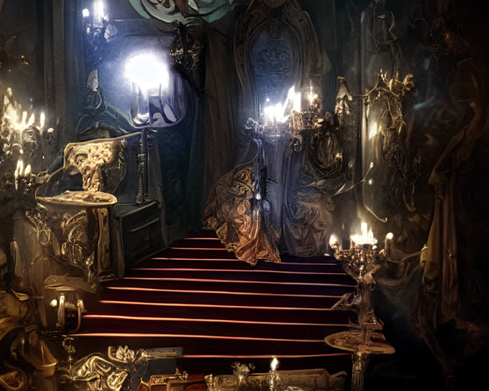 Luxurious dimly-lit room with ornate decor and grand staircase