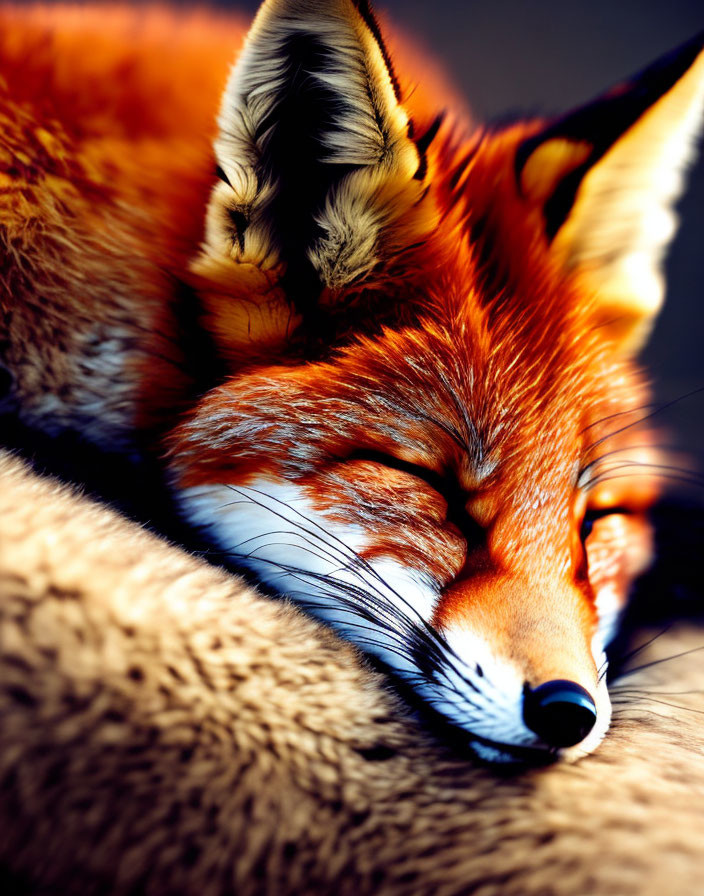 Sleeping red fox with vivid orange fur and black-tipped ears curled up peacefully