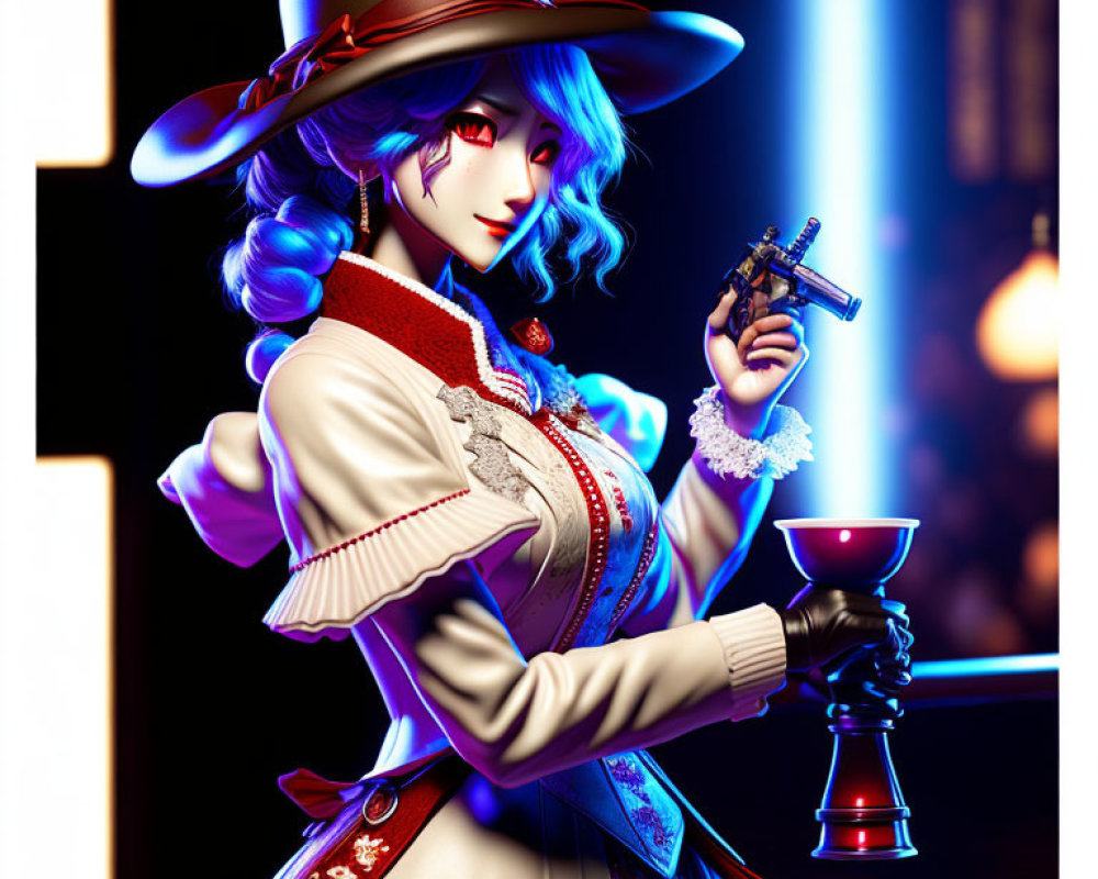 Animated woman in western outfit with revolver and chalice against neon backdrop